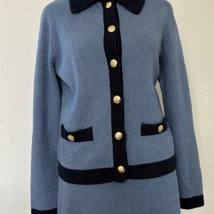 Talbots Blue Knit Button-Front Jacket with Black Trim